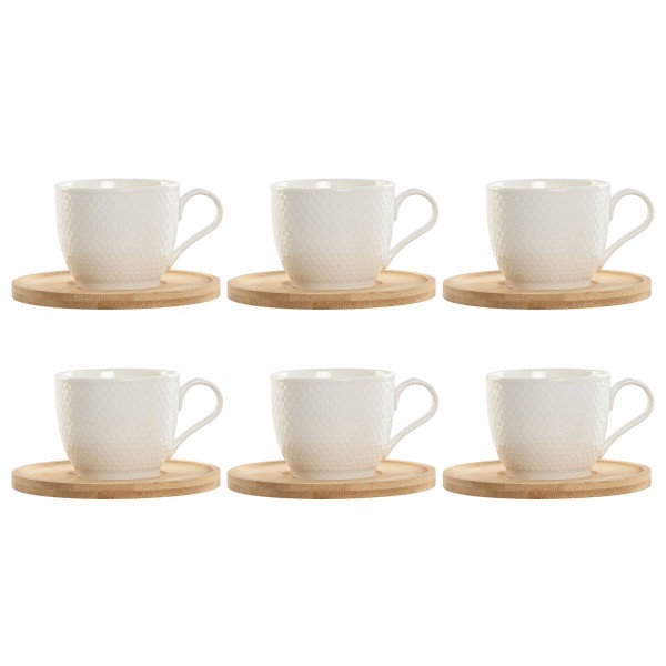 Set of 6 Cups with Plate Home ESPRIT White Natural Bamboo Porcelain 220 ml