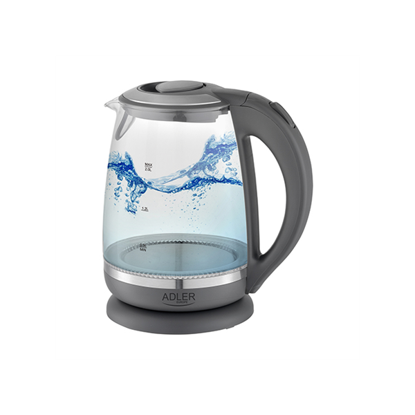 Adler | Kettle | AD 1286 | Standard | 2200 W | 2 L | Plastic/Glass | 360° rotational base | Grey/ transparent