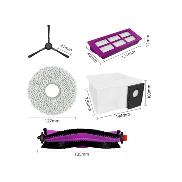 Midea V15 Spare Parts kit: 1x Side Brush, 2x Mop Pad, 1x Roller Brush, 1x Filter, 1x Dust Bag