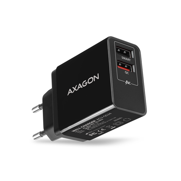 AXAGON Dual wallcharger 240V/2x USB port QC3.0/AFC/FCP and 5V-1.2A, 24W | ACU-QS24