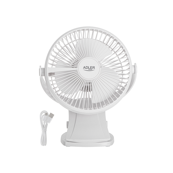 Adler Rechargeable Clip-on Desk Fan | AD 7342 | Table Fan | White | Diameter 15.5 cm | Number of speeds 3 | Oscillation | 5 W