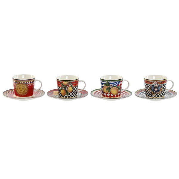 Krūzīšu komplekts ar apakštasēm Home ESPRIT Dzeltens Sarkans Porcelāns 220 ml 15,6 x 15,6 x 1,7 cm (4 gb.)