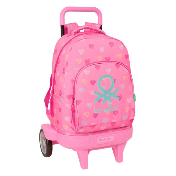 School Rucksack with Wheels Benetton Heart Pink 33 x 45 x 22 cm