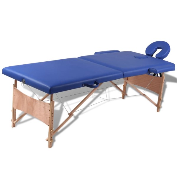 Folding massage table, blue, 2 zones, with wooden frame