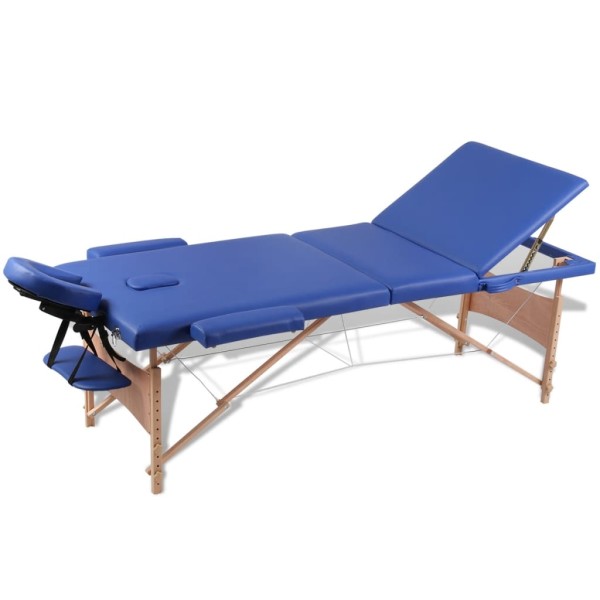 Folding Massage Table, Wooden Frame, 3 Zones, Blue