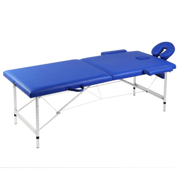 Folding massage table, blue, 2 zones, with aluminum frame