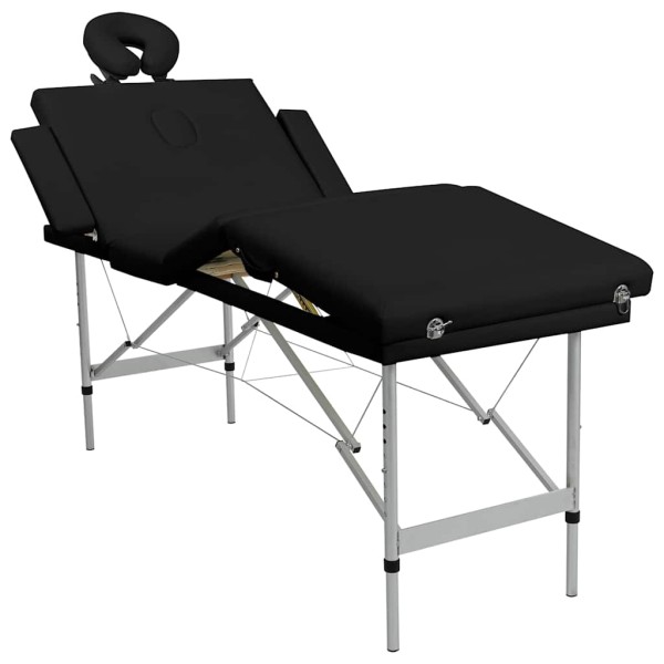 Folding massage table, black, 4 zones, with aluminum frame