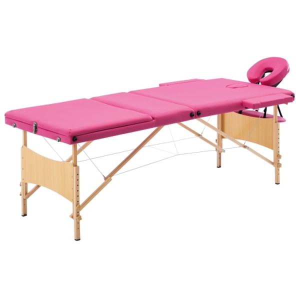 Folding massage table, pink, wood, 3 zones