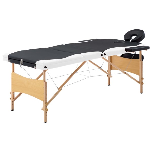 Folding massage table, black and white, wood, 3 zones