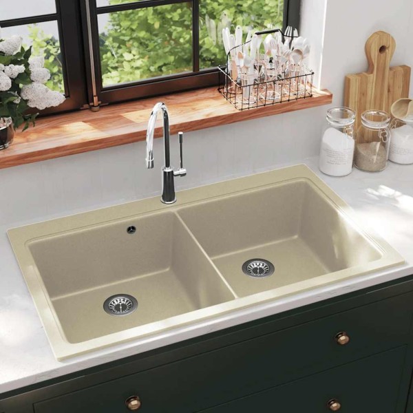 Kitchen wash, sandy colour, granite, two bowls