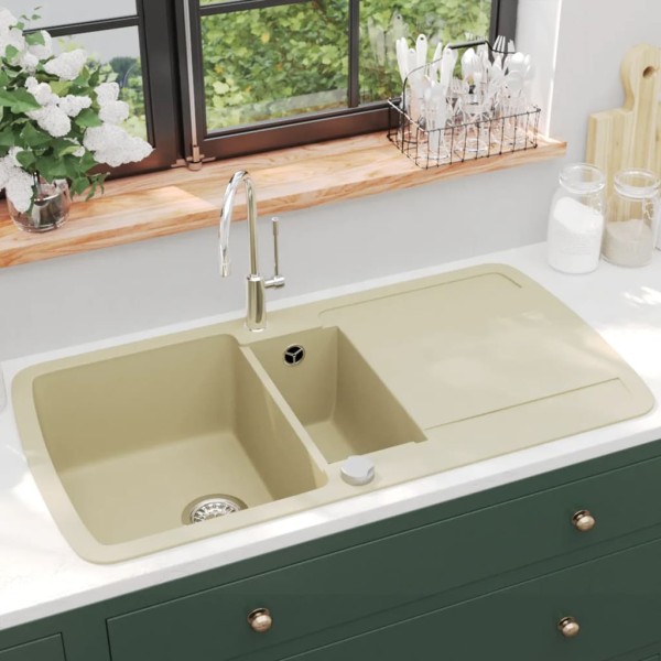 Kitchen wash, sandy colour, granite, two bowls