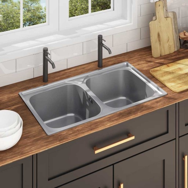 Kitchen wash with 2 bowls, siphon, steel