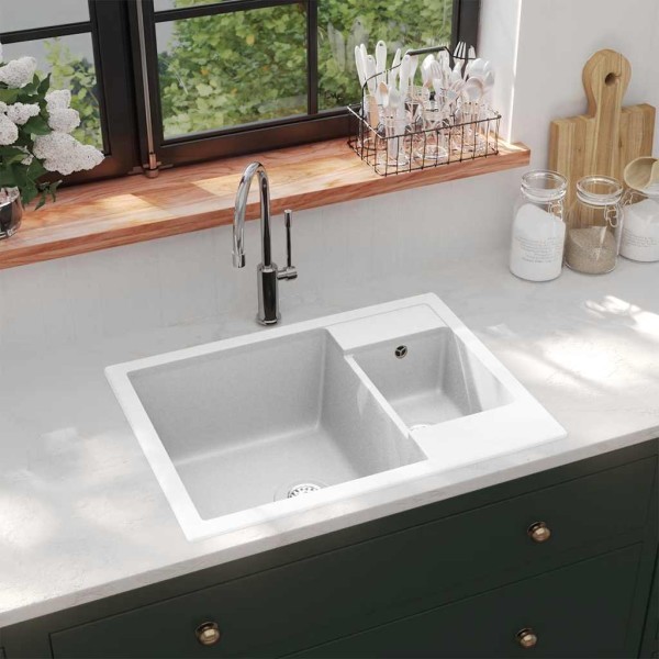 Kitchen sink with hole from overfilling, white, granite