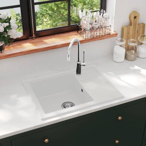 Kitchen sink with hole from overfilling, white, granite