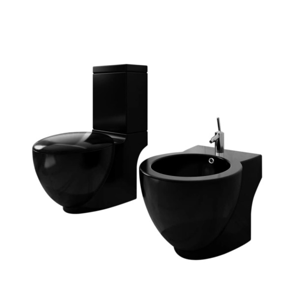 Toilet and bidet set, black, erect, ceramic