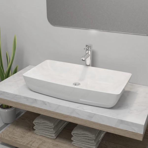 Bathroom washbasin with water to mix., bake., steak., white