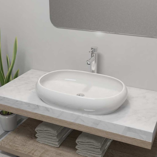 Bathroom washbasin with water mixer, bake, oval., white