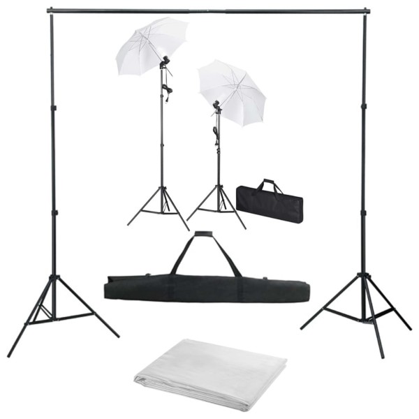 Photo studio kit with background, luminaires and umbrellas