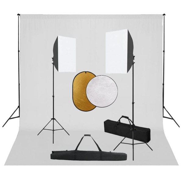 Photo studio kit with light boxes, background and reflex