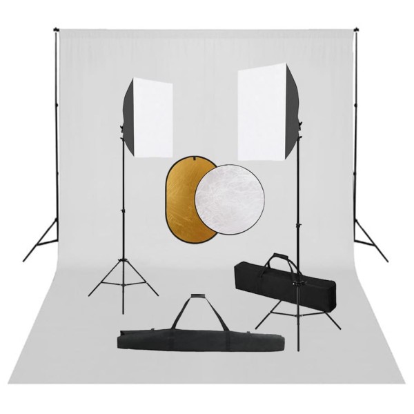 Photo studio kit with light boxes, background and reflex