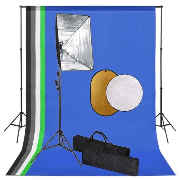 Photo studio kit with light boxes, background and reflex