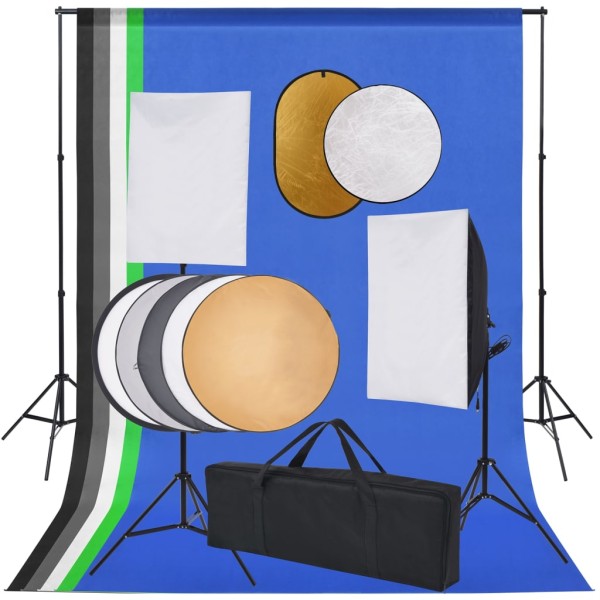 Photo studio kit with light boxes, background and reflex
