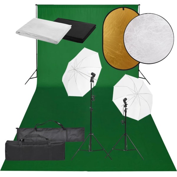 Photography kit with luminaires, background and reflex