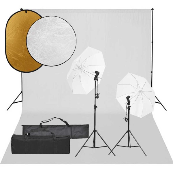Photography kit with luminaires, background and reflex