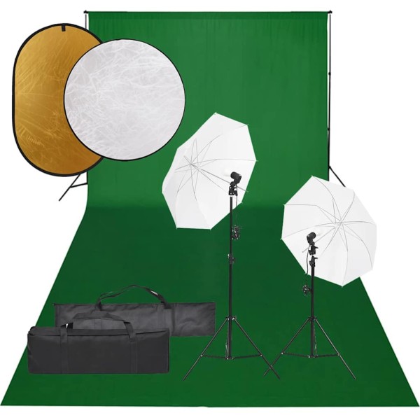 Photography kit with luminaires, background and reflex