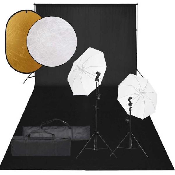 Photography kit with luminaires, background and reflex