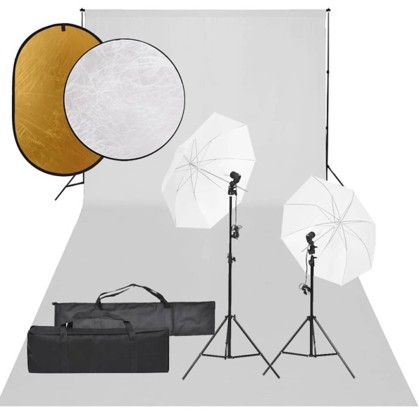 Photography kit with luminaires, background and reflex
