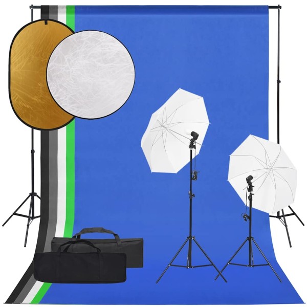 Photography kit with luminaires, background and reflex