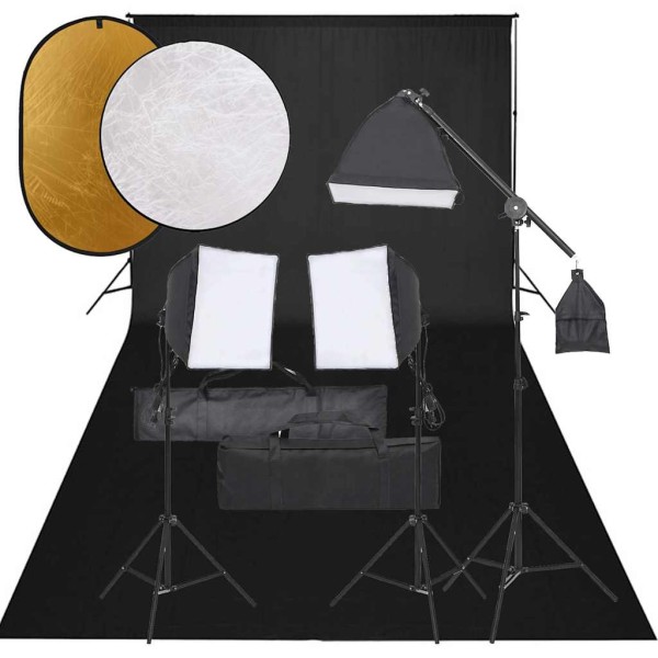 Photography kit with luminaires, background and reflex