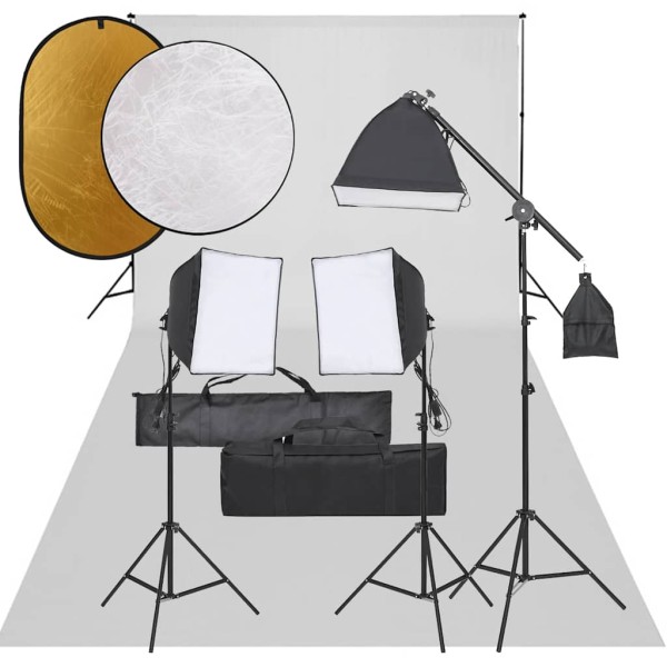 Photography kit with luminaires, background and reflex
