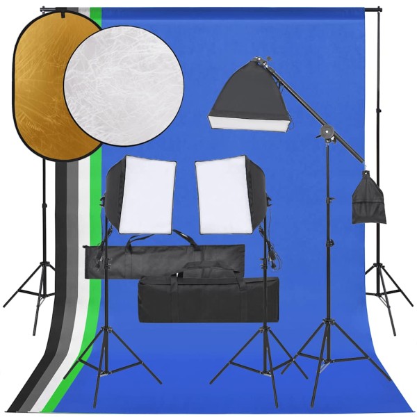 Photography kit with luminaires, background and reflex