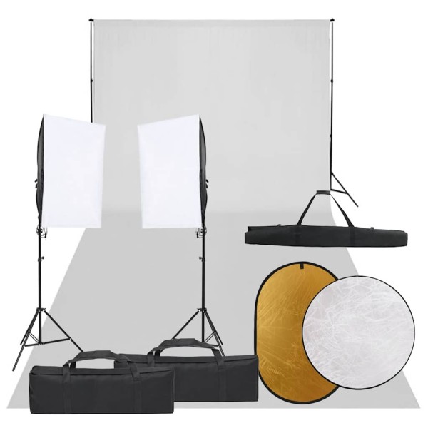 Photography kit with luminaires, background and reflex
