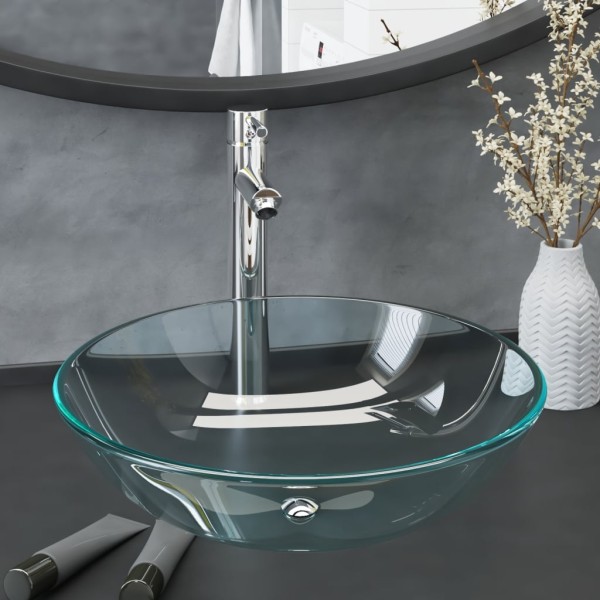 Bathroom sink with mixer and valve, clear, glass