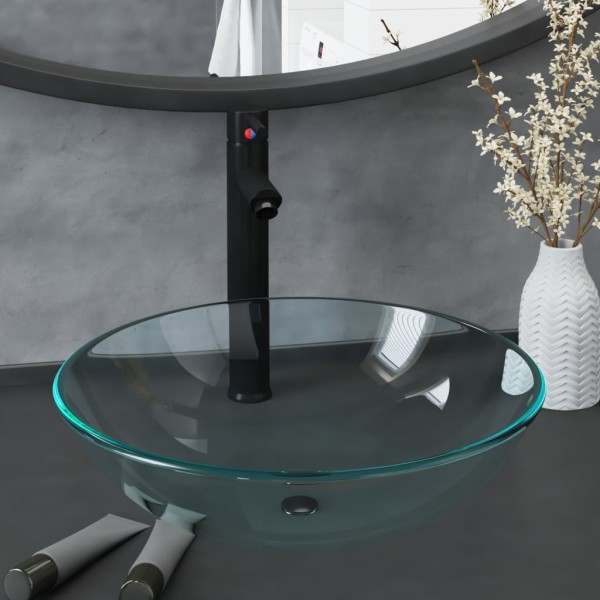 Bathroom sink with mixer and valve, clear, glass