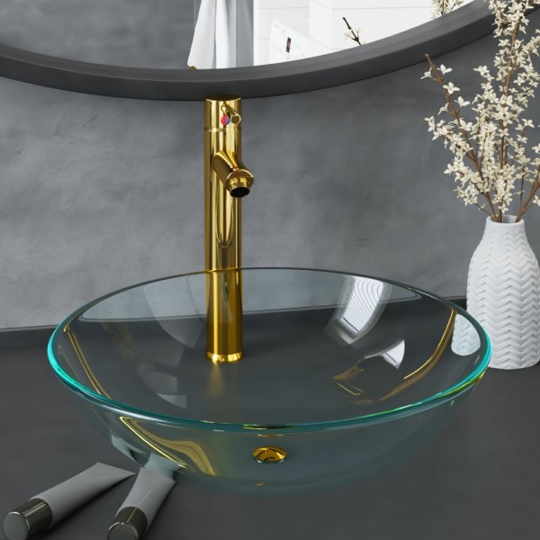 Bathroom sink with mixer and valve, clear, glass