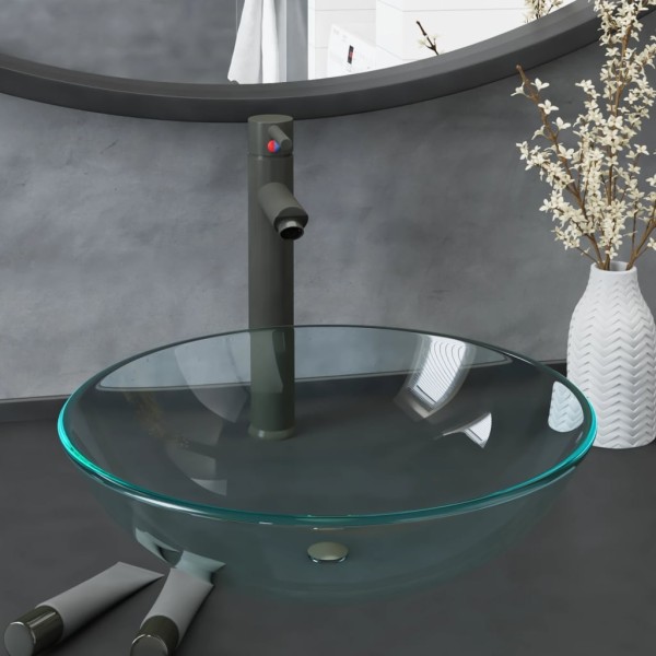 Bathroom sink with mixer and valve, clear, glass