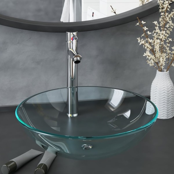 Bathroom sink with mixer and valve, clear, glass