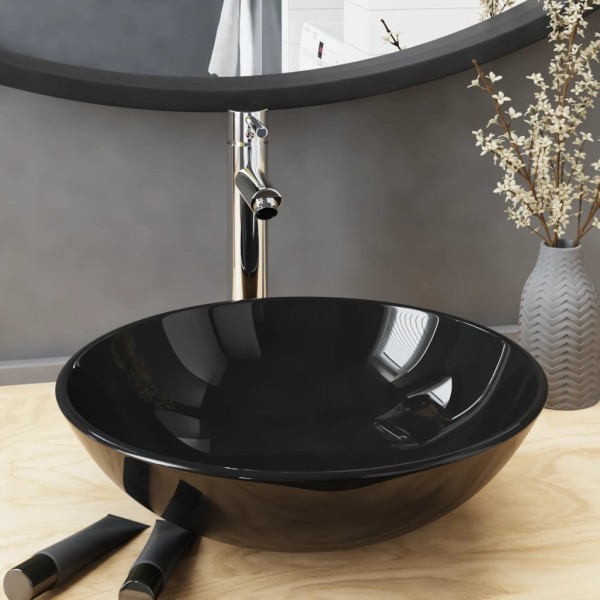 Bathroom sink with mixer and valve, black, glass