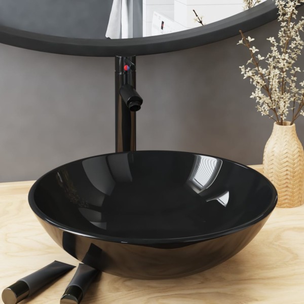 Bathroom sink with mixer and valve, black, glass