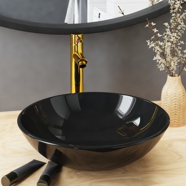 Bathroom sink with mixer and valve, black, glass