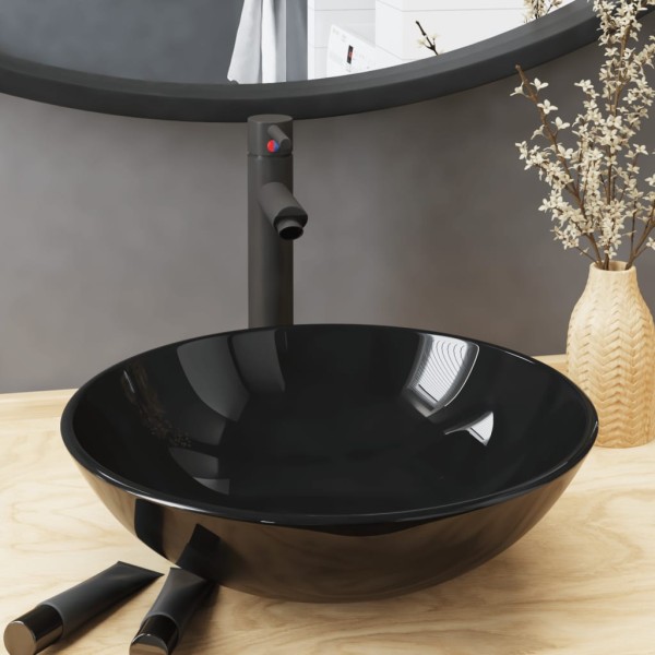 Bathroom sink with mixer and valve, black, glass