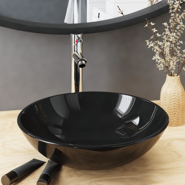 Bathroom sink with mixer and valve, black, glass