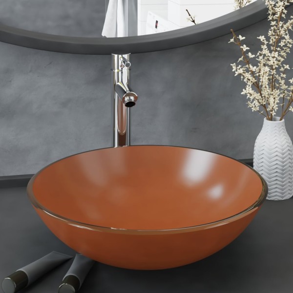 Bathroom wash pan with mixer and valve, brown, glass