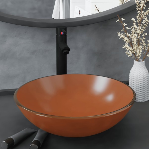 Bathroom wash pan with mixer and valve, brown, glass