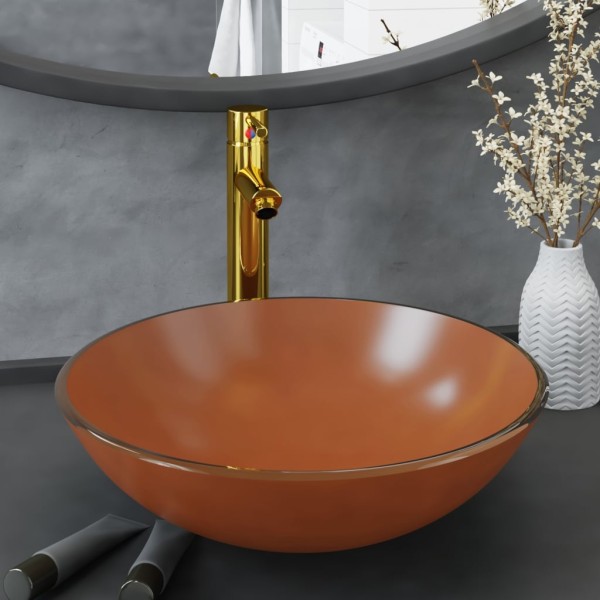 Bathroom wash pan with mixer and valve, brown, glass