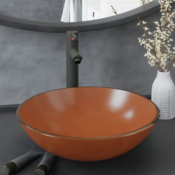 Bathroom wash pan with mixer and valve, brown, glass